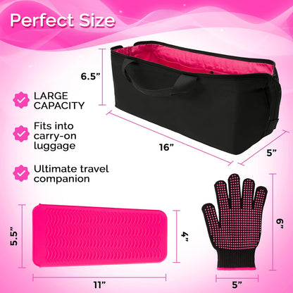 Hair Tool Travel Bag with Heat Resistant Mat for Flat Iron, Straighteners, Curling Iron, Makeup, Toiletries & Haircare Accessories, Portable Hot Tools Organizer with Silicone Mat & Glove