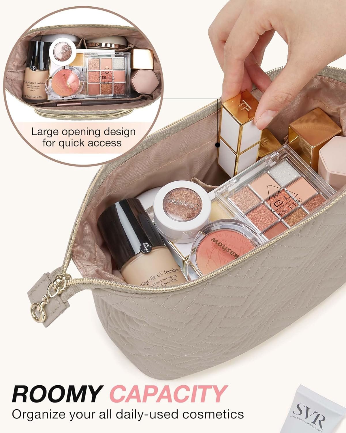 BAGSMART Travel Makeup Bag, Cosmetic Bag Make Up Organizer Case,Large Wide-open Pouch for Women Purse for Toiletries Accessories Brushes, Tranquil Gray, Small