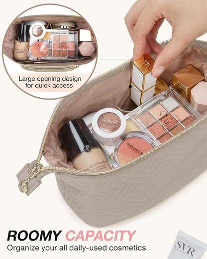 BAGSMART Travel Makeup Bag, Cosmetic Bag Make Up Organizer Case,Large Wide-open Pouch for Women Purse for Toiletries Accessories Brushes, Tranquil Gray, Small