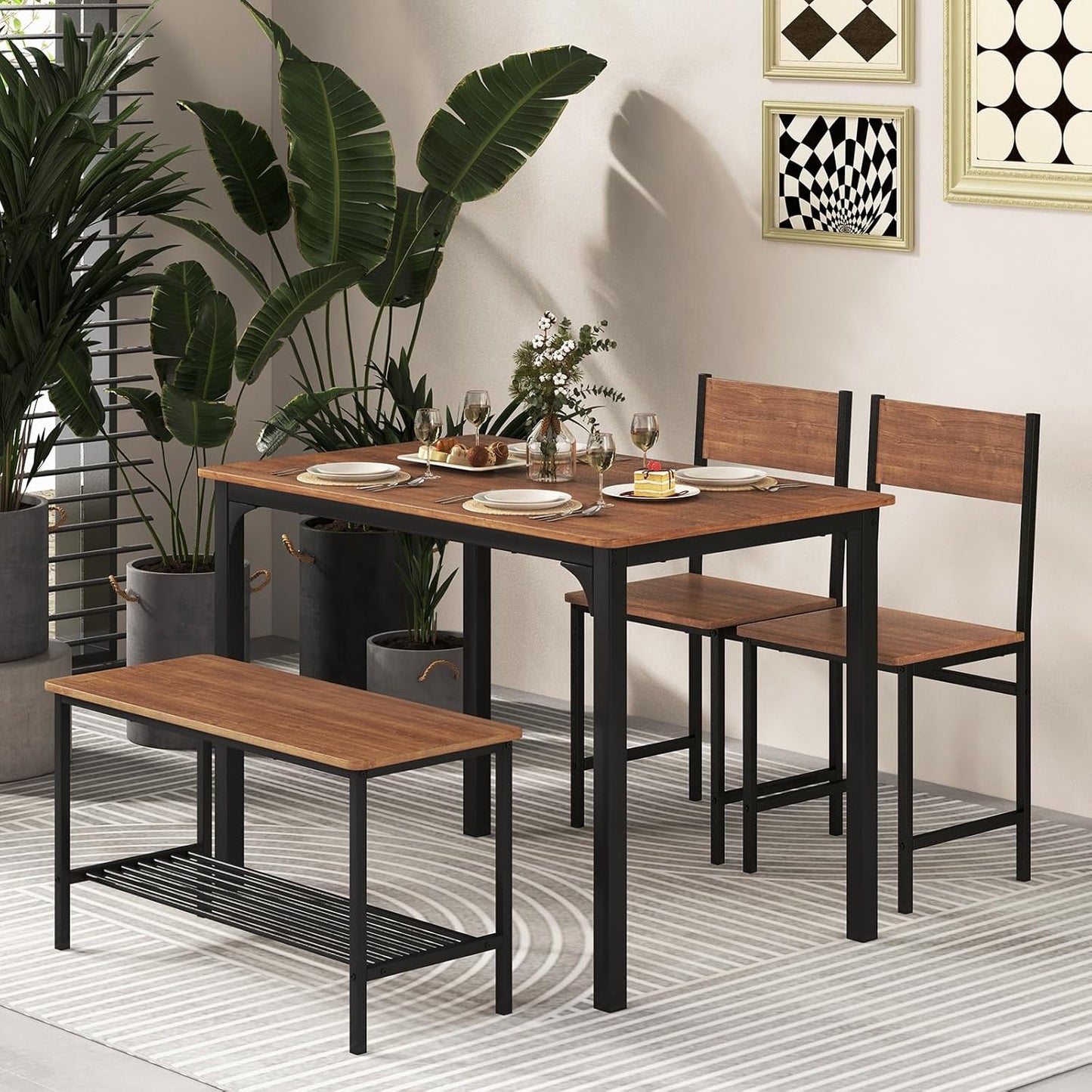 Giantex 4Pcs Dining Table Set, 1 Table & 1 Bench & 2 Chairs, Space-Saving Kitchen Set, Metal Frame & Storage Shelf, Industrial Desk Chair Set for Gathering Kitchen Dining Room Restaurant