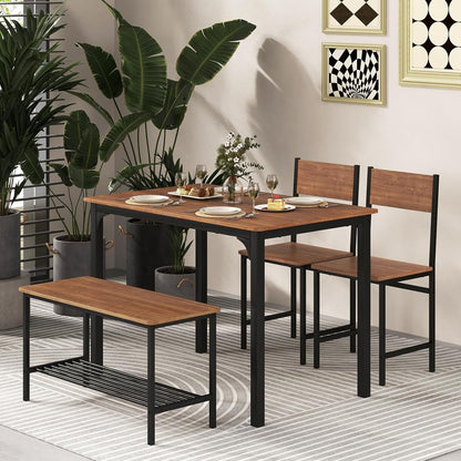 Giantex 4Pcs Dining Table Set, 1 Table & 1 Bench & 2 Chairs, Space-Saving Kitchen Set, Metal Frame & Storage Shelf, Industrial Desk Chair Set for Gathering Kitchen Dining Room Restaurant