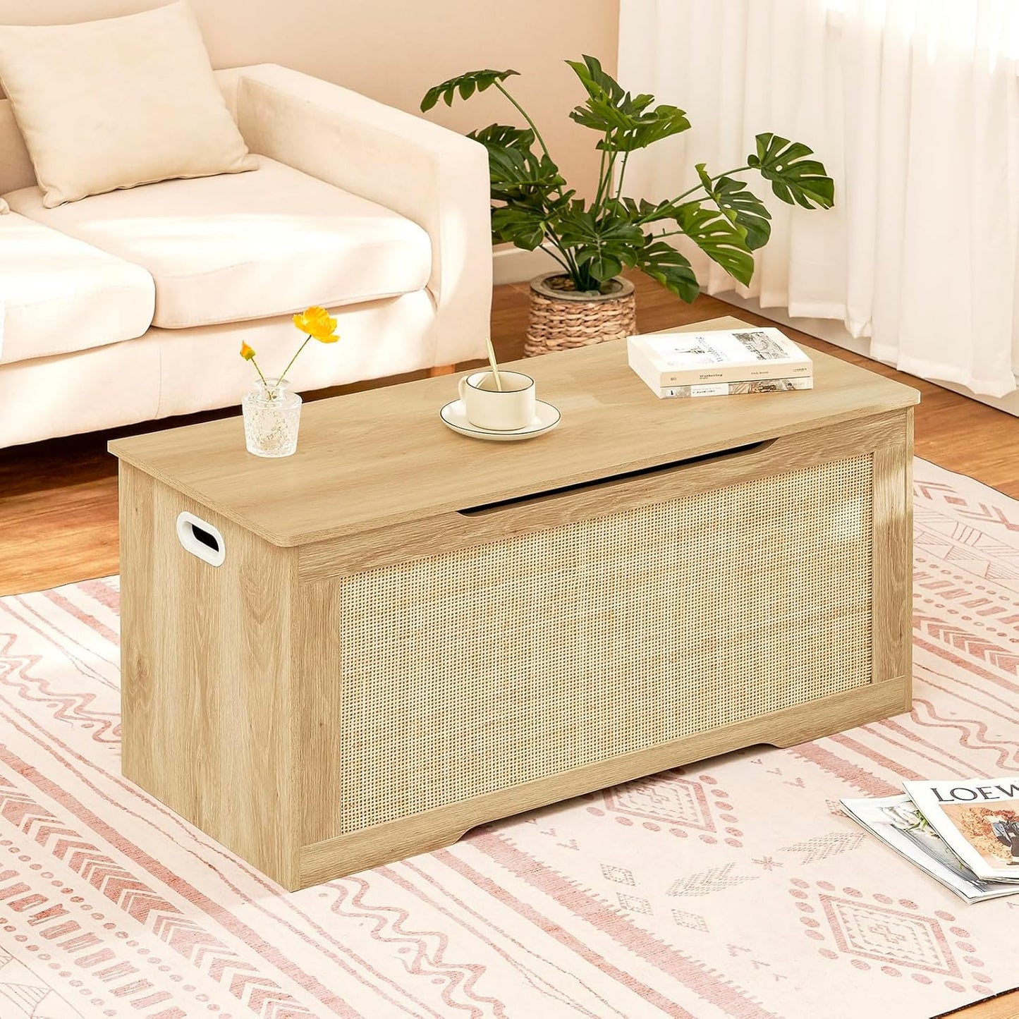 FIONESO 100cm Rattan Storage Chest, Wooden Toy Chest with 2 Safety Hinges, Lift Top Storage Box with Gel Bumpers, Storage Trunk, Storage Bench for Hallway, Natural