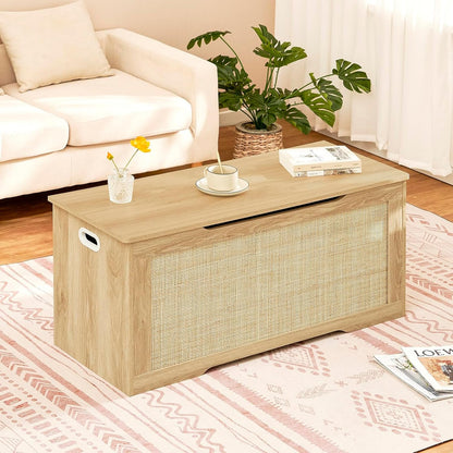 FIONESO 100cm Rattan Storage Chest, Wooden Toy Chest with 2 Safety Hinges, Lift Top Storage Box with Gel Bumpers, Storage Trunk, Storage Bench for Hallway, Natural