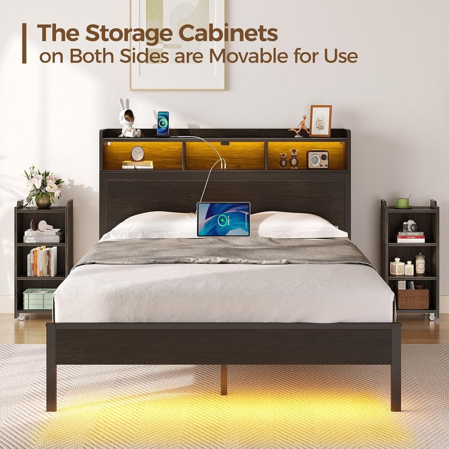 Rolanstar Bed Frame Queen Size with Bookcase Storage Headboard, Slide Out Bedside Storage Table, Bed with Charging Station & LED Lights, Heavy Duty Metal Slats, No Box Spring Needed, Noise Free, Black