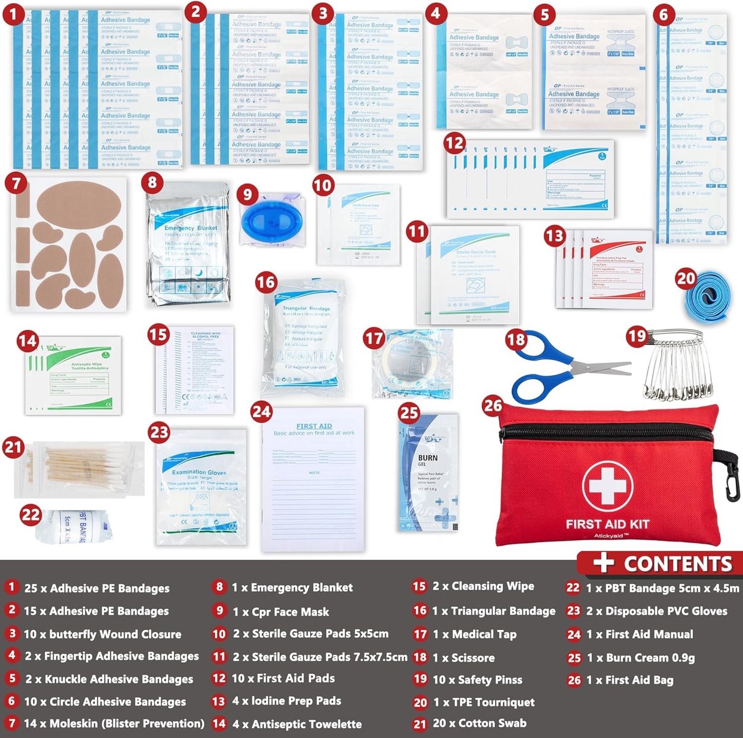 Atickyaid Mini First Aid Kit - 140 Piece Small First Aid Medical Kit for Car, Home, Office, Travel, Camping, Sports, Outdoor, School - Emergency First Aid Supplies and Survival Kit, Red, 140 Pieces,