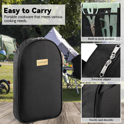 Camkinger Camping Essentials Cooking Utensils Set, 15Pcs Green Portable Camp Kitchen Cookware Organizer with Storage Bag, Camper Gear Must Have Accessories Supplies for Travel BBQ Grill Picnic Hiking