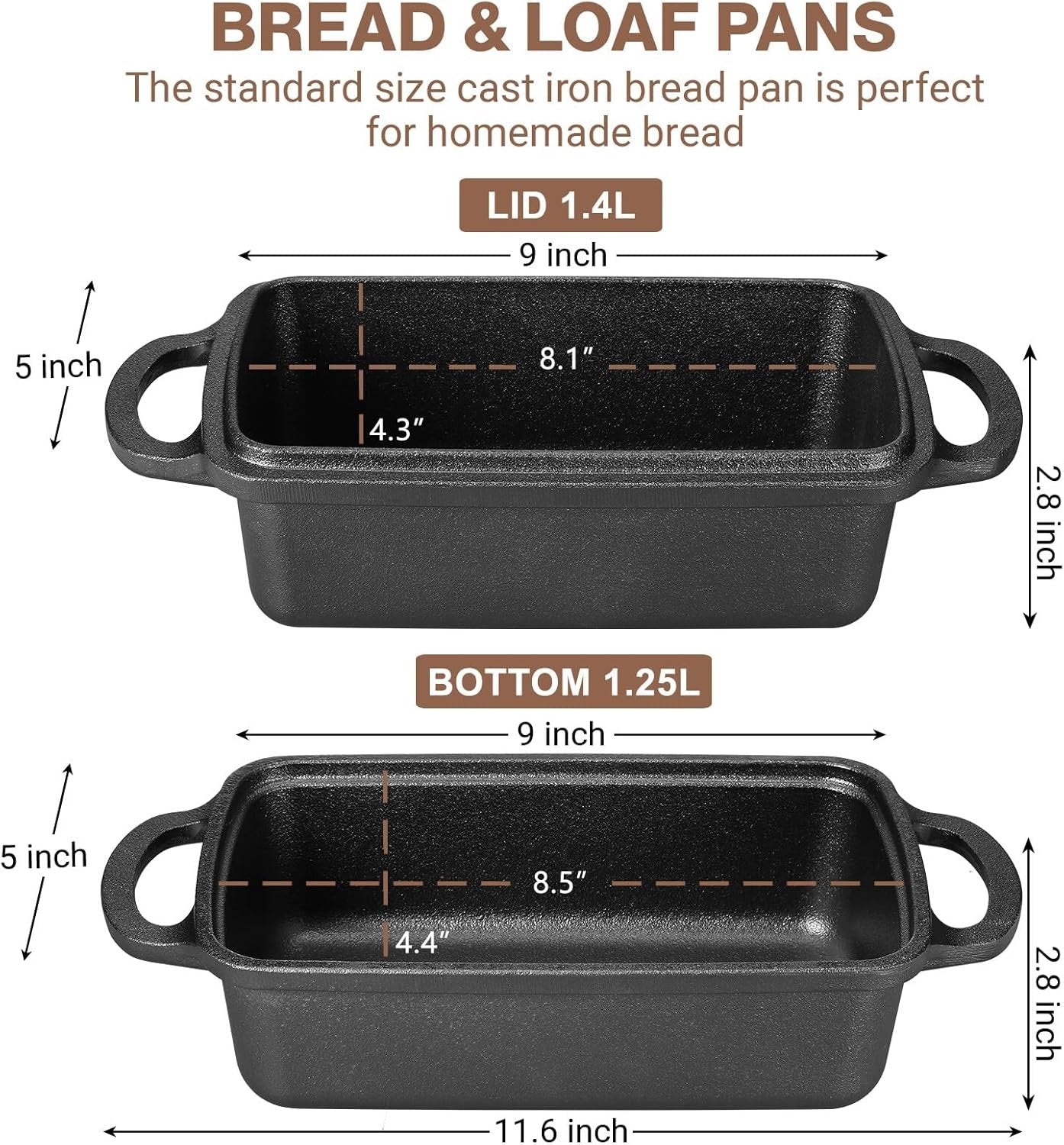 Apatiner 2 in 1 Cast Iron Bread Pan with Lid, Durable Loaf Pans for Baking Homemade Sourdough and Meatloaf, Bread Oven Cast Iron Cookware, Set of 2