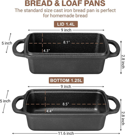 Apatiner 2 in 1 Cast Iron Bread Pan with Lid, Durable Loaf Pans for Baking Homemade Sourdough and Meatloaf, Bread Oven Cast Iron Cookware, Set of 2