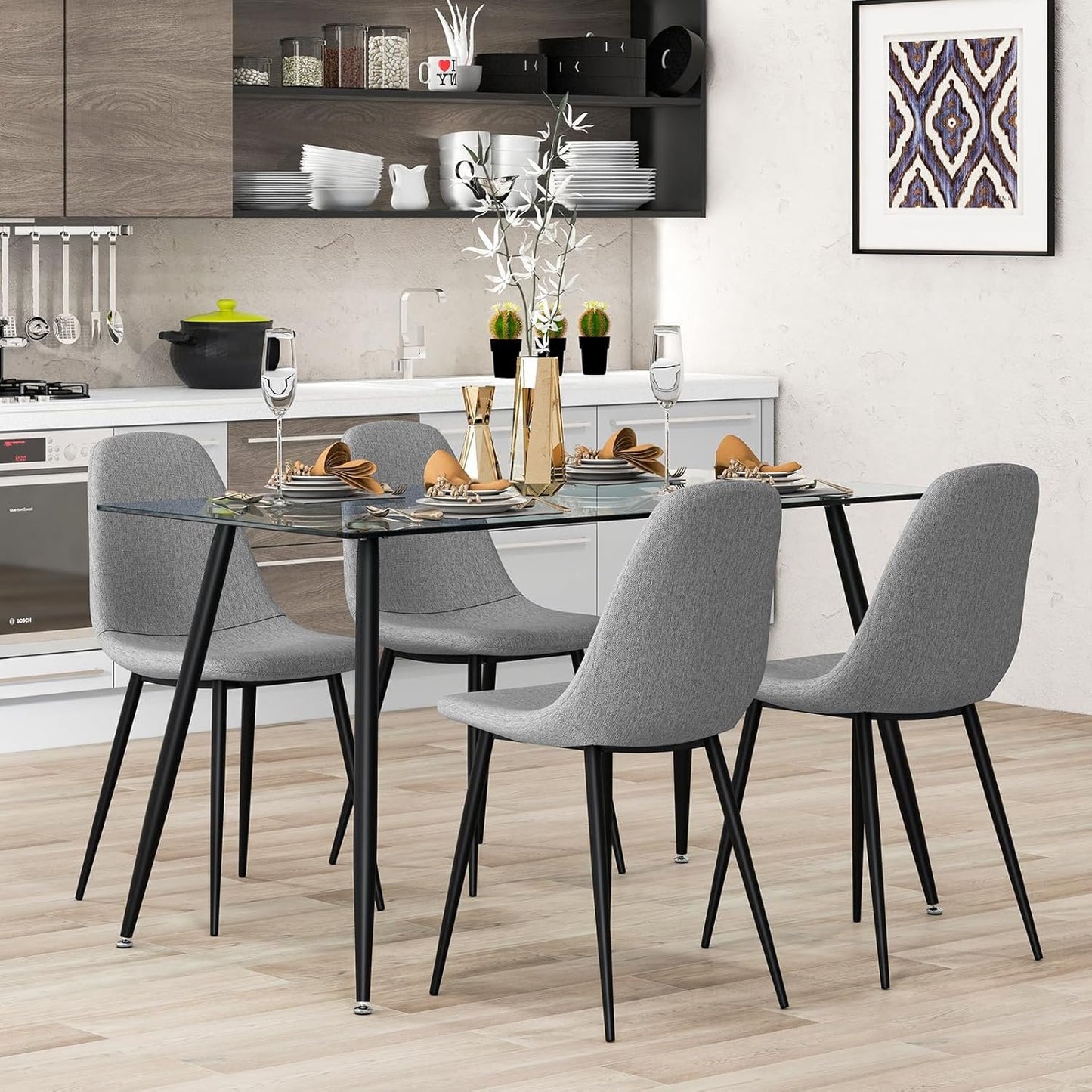 Tangkula Glass Dining Table for 4, 51" Modern Rectangular Table with Spacious Tempered Glass Tabletop & Wood Grain Steel Legs, Simplistic Kitchen Table, Versatile Table for Home Office