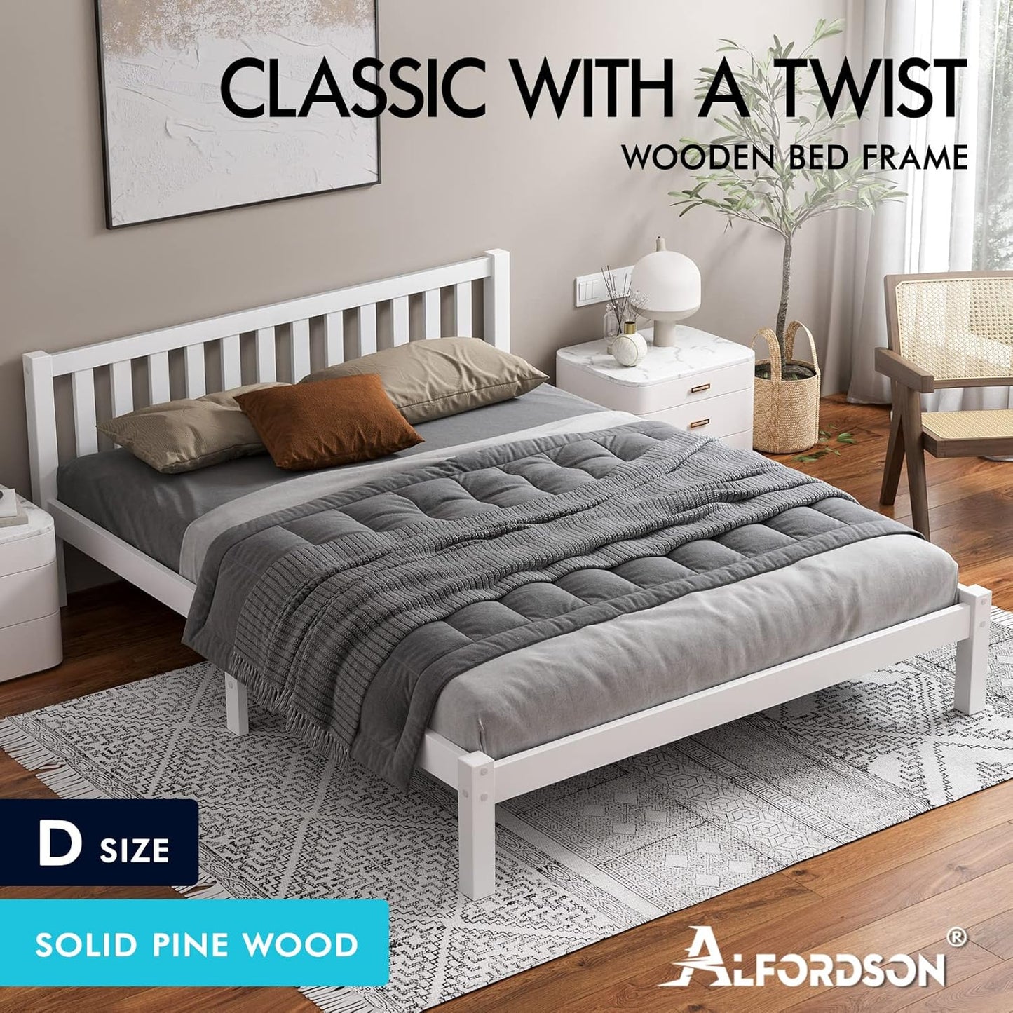 ALFORDSON Bed Frame Double Wooden Bed Base with Solid Wood Pine Timber Slats, Mattress Base Platform Support, White Bed Foundation with Storage Space, Fenella Series Home Bedroom Furniture