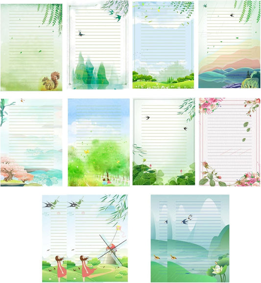 IMagicoo 50 Lined Writing Stationery Paper - Beautiful Design Writing Letter Paper Set, 10 Different Style