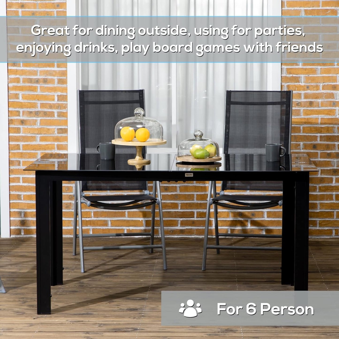 Outsunny Aluminium Outdoor Dining Table for 6, 59" x 35" Rectangle Patio Table with Tempered Glass Tabletop, for Garden, Backyard, Lawn, Balcony, Black