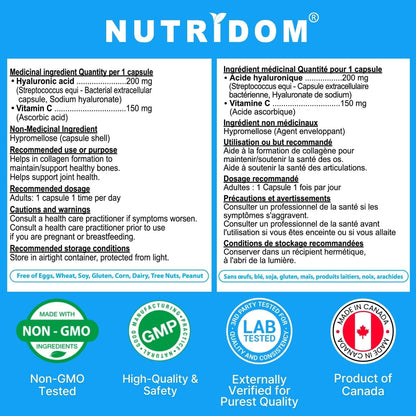 Nutridom Hyaluronic Acid Supplements, 60 Veggie-Capsules, 200mg of Hyaluronic Acid with 150mg of Vitamin C, All Natural, Non-GMO, Vegan, Gluten-free, Dairy-free, and Soy-free