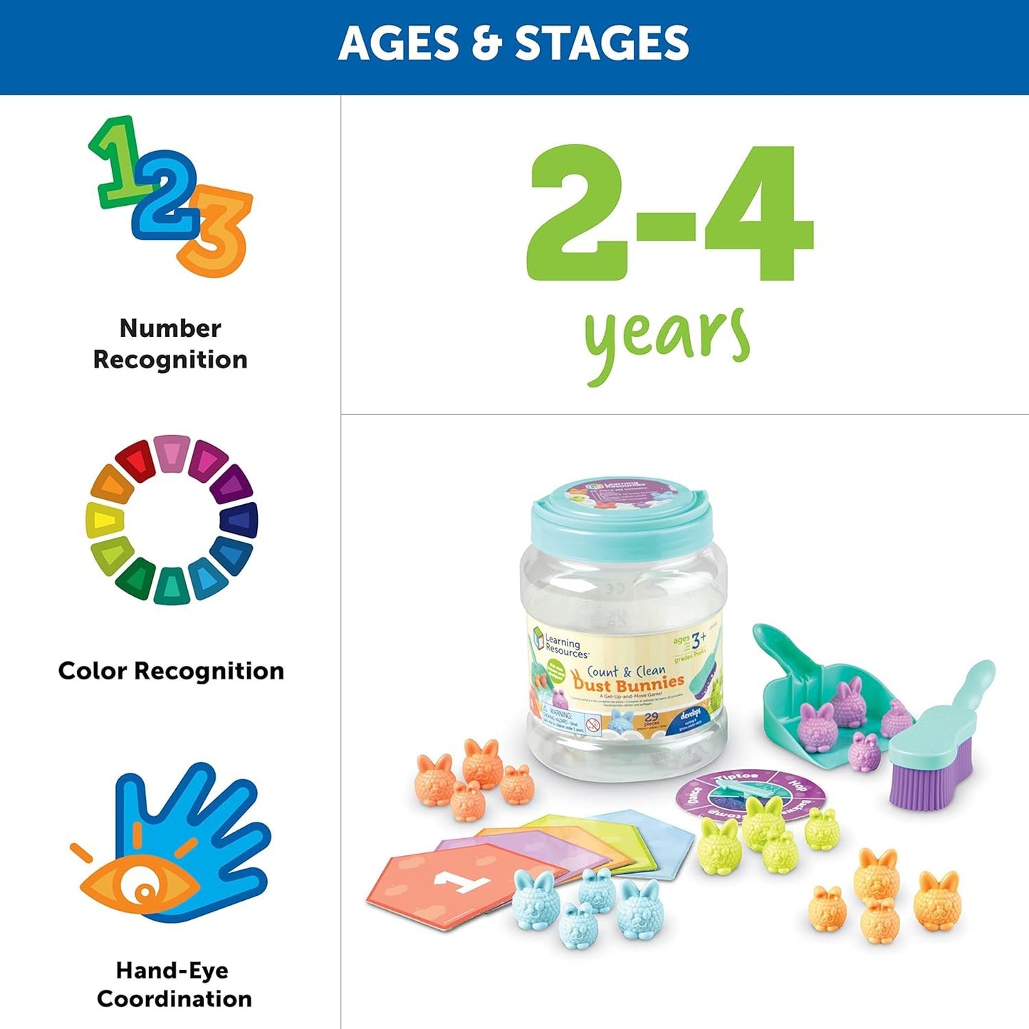 Learning Resources Count & Clean Dust Bunnies, Toddler Activities, Educational Toys Set, Color Teaching Toys, 29 Pieces, Age 3+