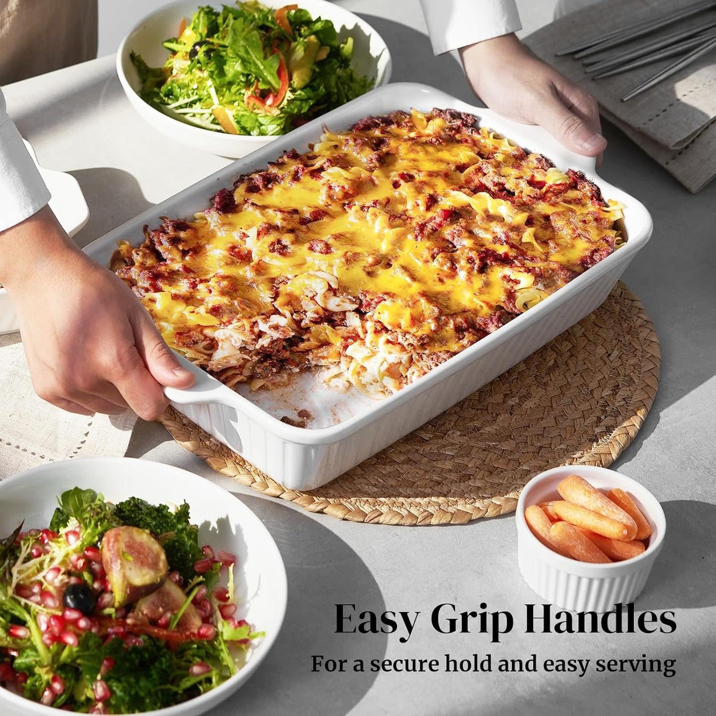 DOWAN Casserole Dishes for Oven, Baking Dishes Set, Ceramic Bakeware Sets of 3, Lasagna Pan Deep, Rectangular Baking Pan Set with Handles for Baking, Casserole, Kitchen, Wedding Gift, White