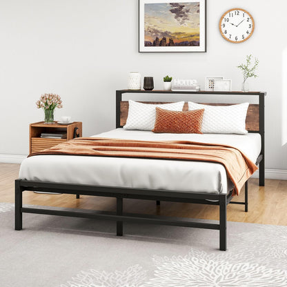 VERFARM Queen Bed Frame with Wood Storage Headboard, Metal Platform Bed Frame Queen Size No Box Spring Needed, Strong Slats Mattress Foundation, Non-Slip Noise Free, Easy Assembly