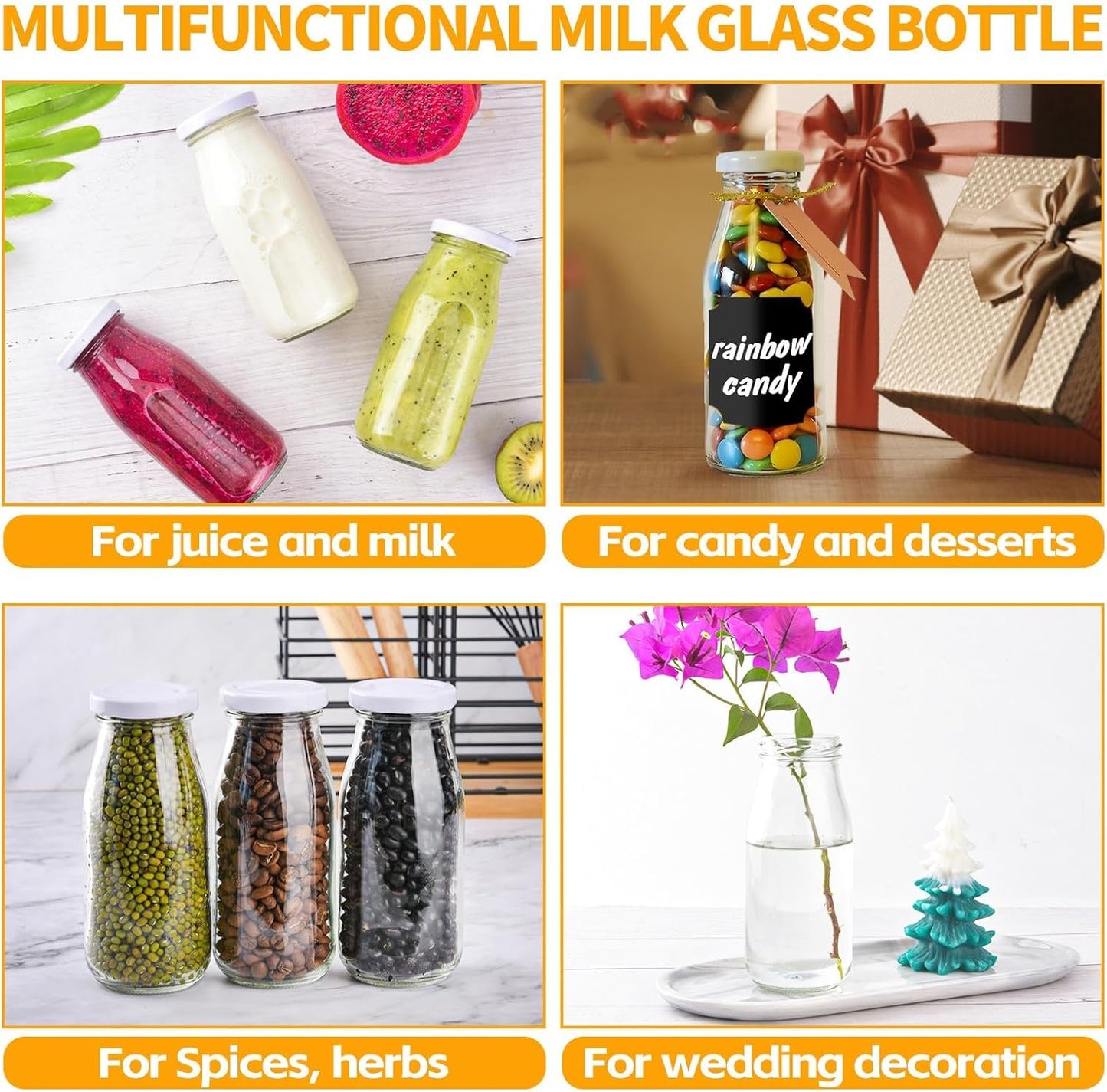 6Pcs 250ml Glass Milk Bottles with Lids, Small Glass Juice Bottles Reusable Glass Milk Jars Mini Milk Bottles with Lids，Glass Straws，Labels and Whiteboard Pen for Beverages, Weddings Decoration