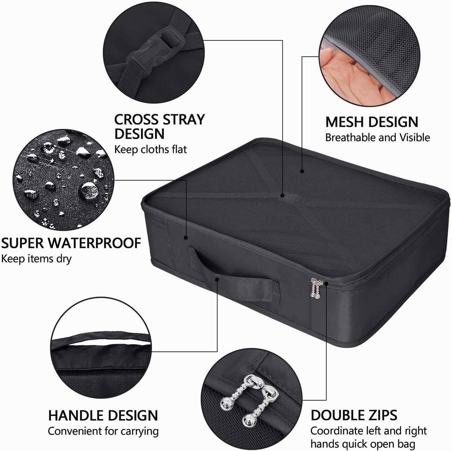 Suitcase Organizer 8 Pieces Latest Travel Design Travel Organizers Include Waterproof Storage Bag Shoe Compression Bags for Travel, Black, S M L