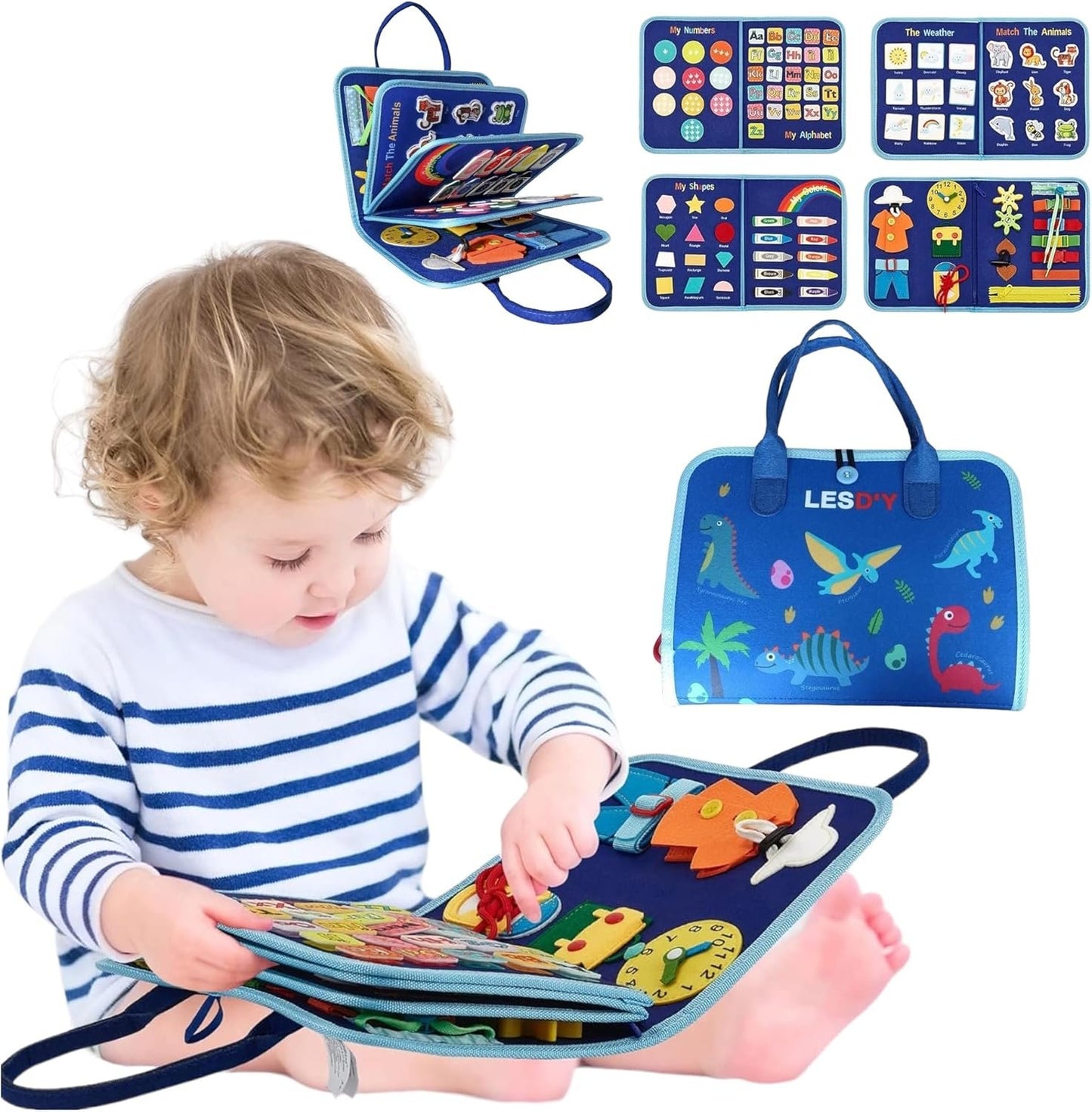 LESD'Y Toddler Busy Board,Montessori Toys for 1 2 3 4 Year Old Boys Girls Toys,Gifts,Travel Toys for Airplane Car train,Books Educational,toy 3 years old,learning toy,Busy Board for Toddlers(Dinosaur)