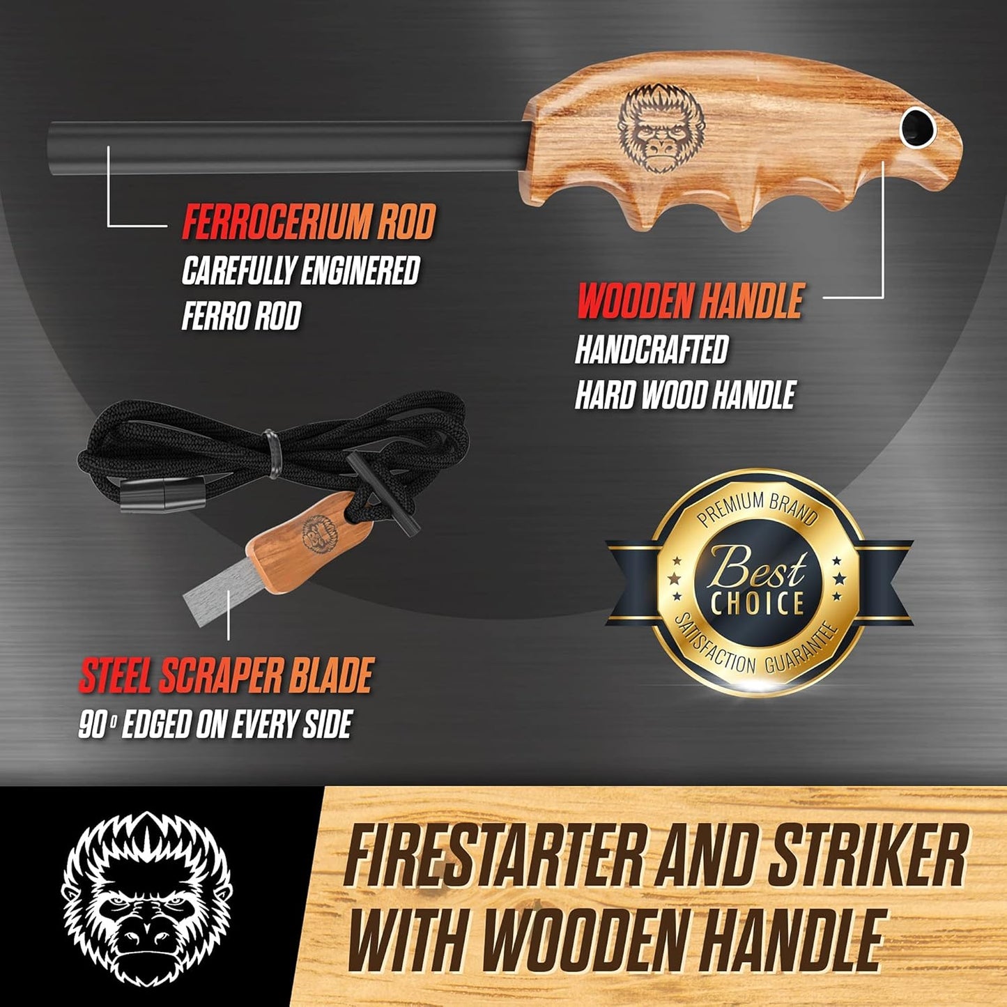 Wood Handle Fire Starter Ferro Rod Gift Set W/Finger Grip Survival Bushcraft Gear
