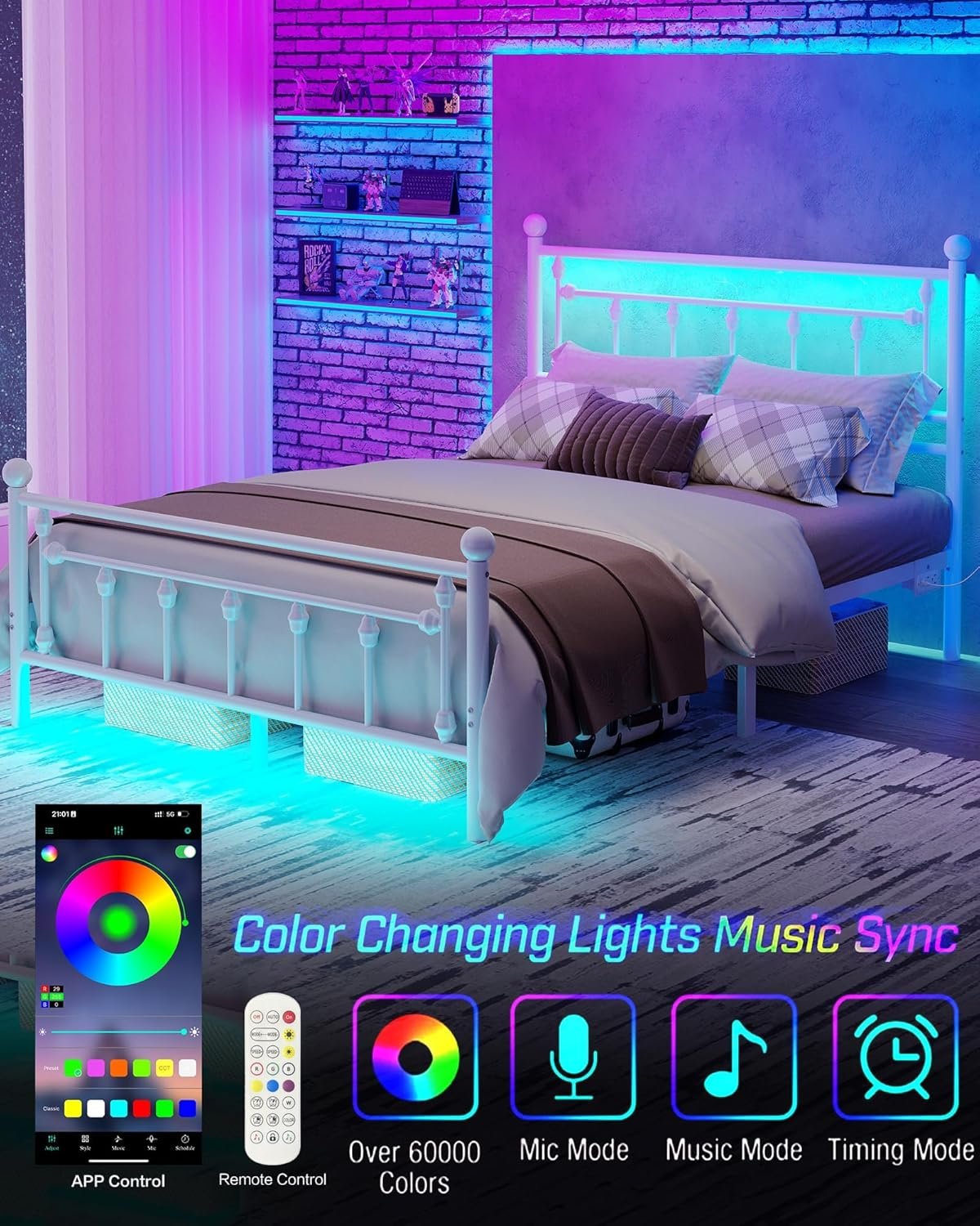 Bed Frame Full Size with Charging Station, LED Bed Frame with Victorian Style Headboard, Under-Bed Storage, No Box Spring Needed, Easy Assembly, White