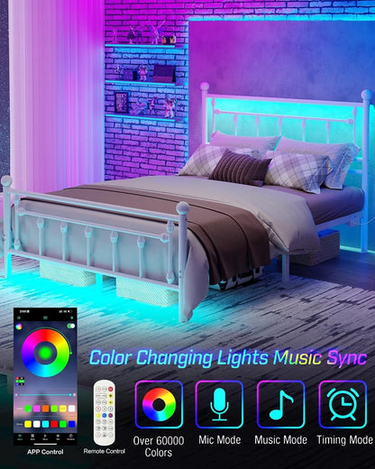 Bed Frame Full Size with Charging Station, LED Bed Frame with Victorian Style Headboard, Under-Bed Storage, No Box Spring Needed, Easy Assembly, White