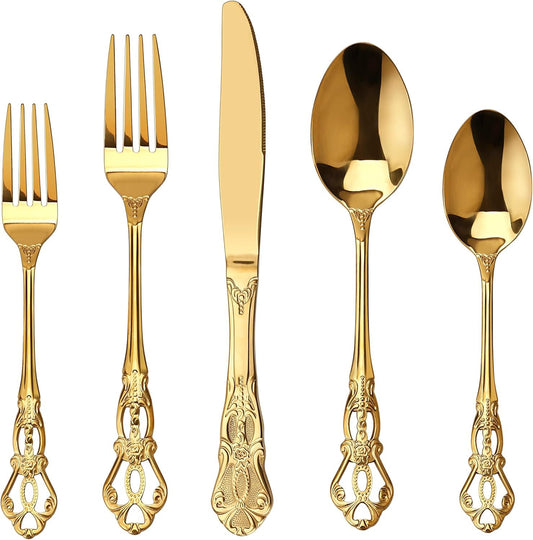 Runfly Gorgeous Retro Royal Gold Stainless Steel 20 Pieces Flatware Set, Golden Silverware Set, Anti-Rust Stainless Steel Gold Cutlery Set Utensils Including Fork Spoon and Knife