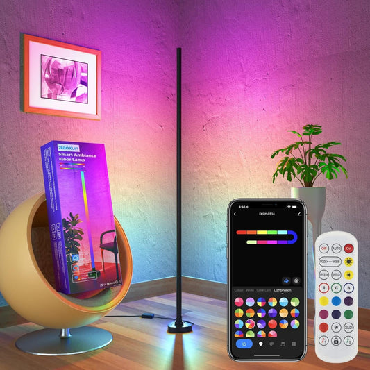 Gaoxun Smart RGBW Corner Floor Lamp, Color Changing LED Floor Lamp Dimmable with App Control & Remote, Music Sync, DIY Modes & 44+ Scene, Timer, Modern Standing Lamp for Living Gaming Room Bedroom