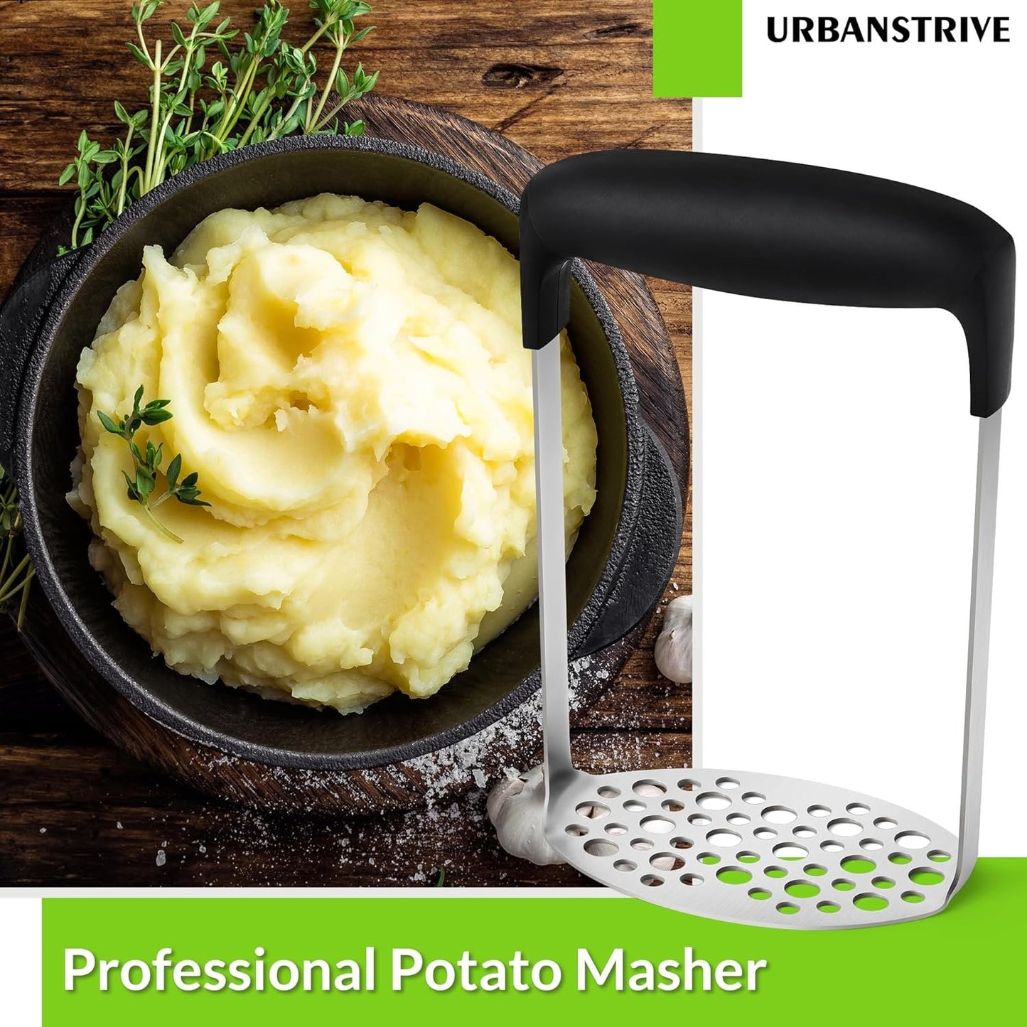 Urbanstrive Upgraded Smooth Mash Potato Masher Stainless Steel, Durable Mashed Potatoes Masher Kitchen Tool, Easy-to-Clean, Soft Non-slip Handle, Kitchen Utensils, Kitchen Gadgets, Black