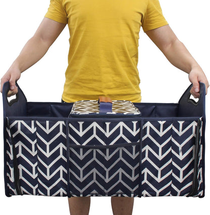 Trunk Organizer, Foldable Car Storage Bag Portable Insulation Cooler Bag Collapsible Vehicle Organizer Divider Storage Totes with 3 Compartment Cargo Tote for Groceries Caddy SUV, Navy Blue