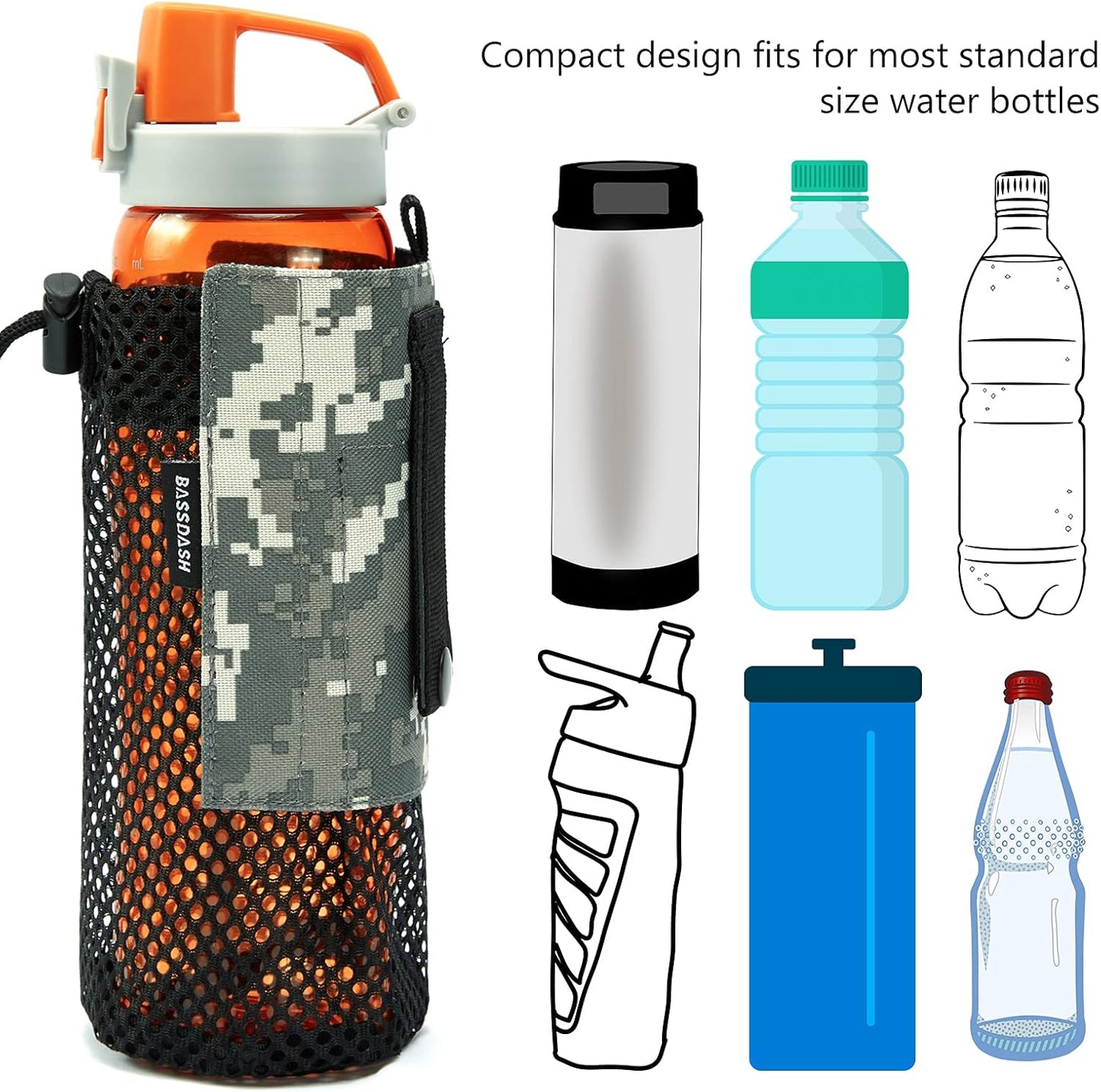 Bassdash Tactical Molle Water Bottle Pouch with Carabiner Foldable Mesh Holder Bag for Travel Fishing Hunting Hiking Outdoor Activities