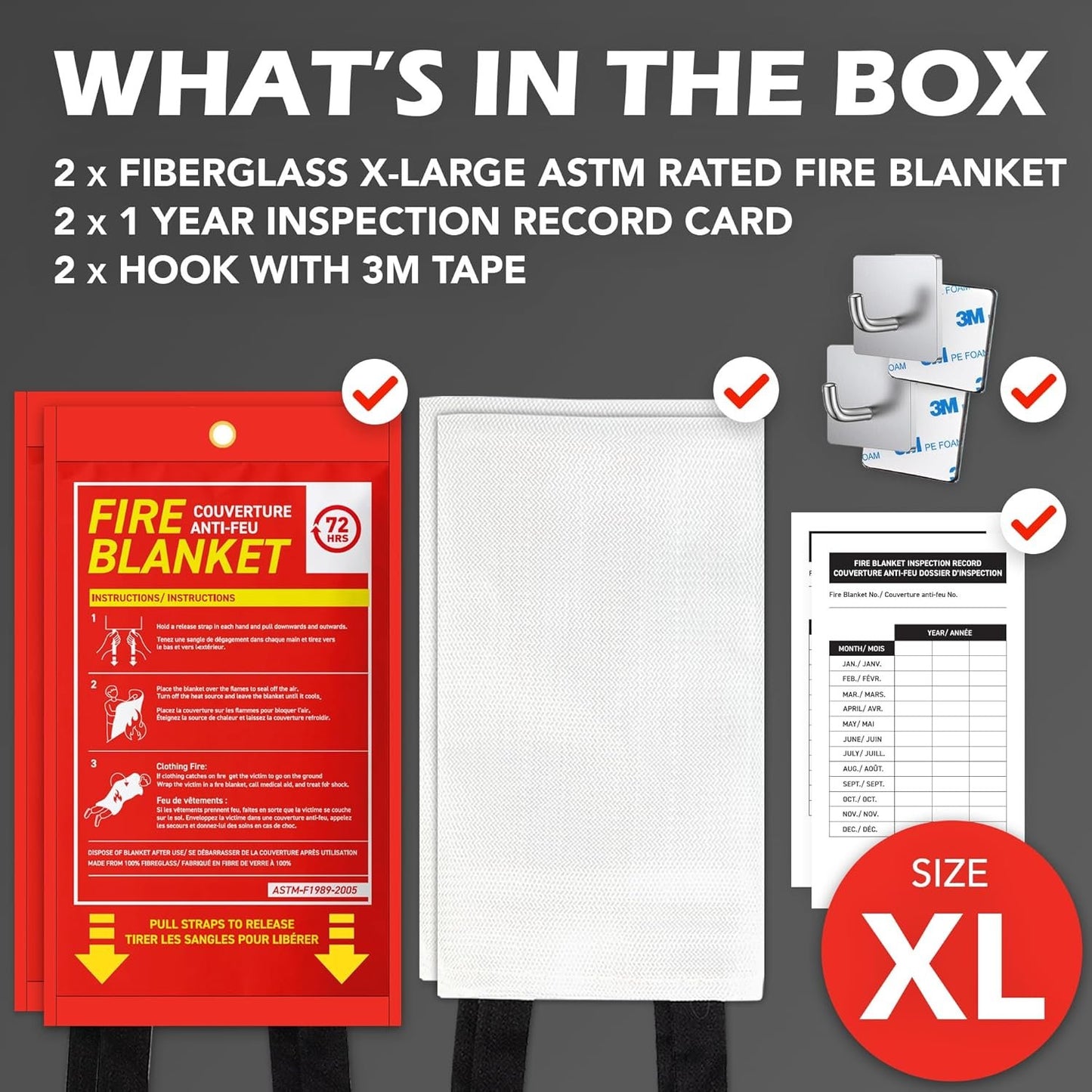 72 HRS Fiberglass XL Fire Blanket - Fire Blanket for Home, Kitchen Fire Blanket | Fire Extinguishers Home | Essential Fire Safety Tool, Emergency Fire Blanket Canada | (2PC 1.2x1.8m 47"x71")