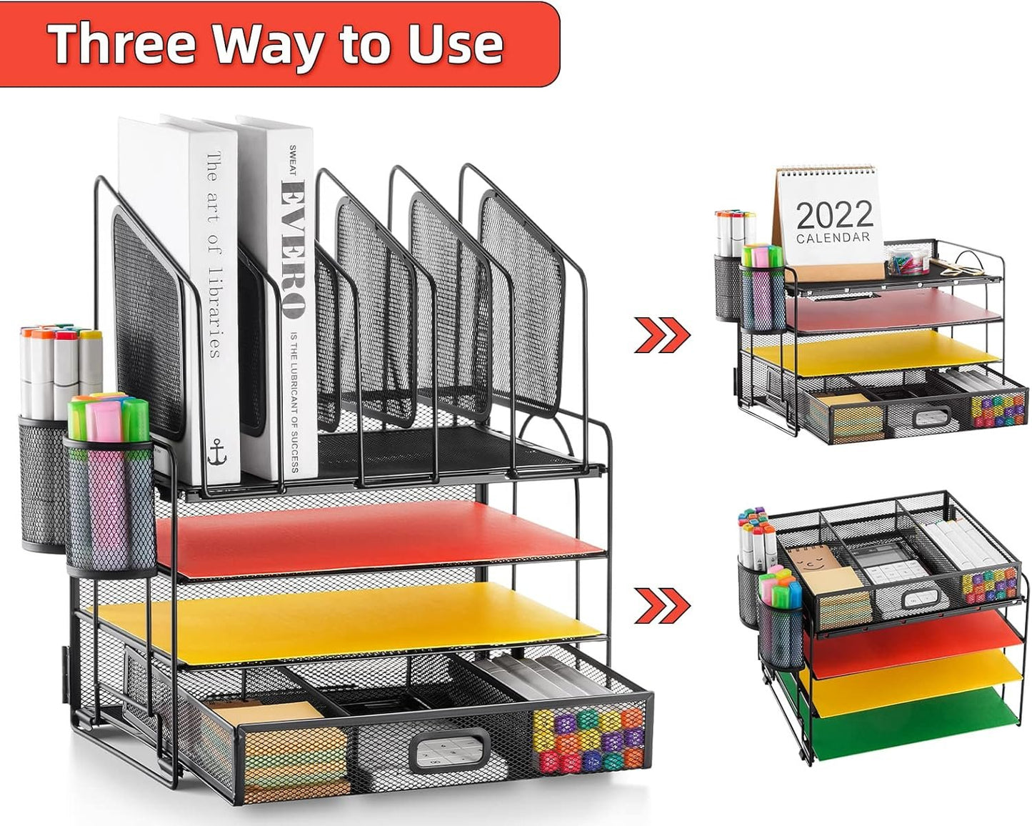 Marbrasse Mesh Desk Organizer, Office Desk Organizers and Accessories, Desktop File Organizer with Drawer and 2 Pen Holders, Desk Storage for Office, School, Home