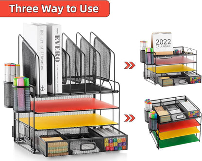 Marbrasse Mesh Desk Organizer, Office Desk Organizers and Accessories, Desktop File Organizer with Drawer and 2 Pen Holders, Desk Storage for Office, School, Home
