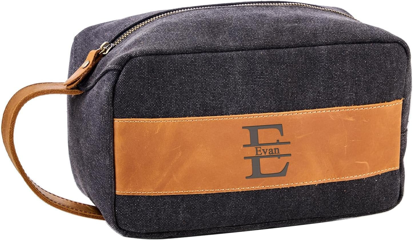AGDHERSNVX Canvas Toiletry Bag for Men with Genuine Leather Patch,Travel Dopp Kit with Full Grain Leather Handle,Large Shaving Kit Bag,Water Resistant Hygiene Dopp Kit, Black, Customized