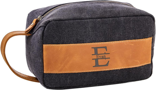 AGDHERSNVX Canvas Toiletry Bag for Men with Genuine Leather Patch,Travel Dopp Kit with Full Grain Leather Handle,Large Shaving Kit Bag,Water Resistant Hygiene Dopp Kit, Black, Customized