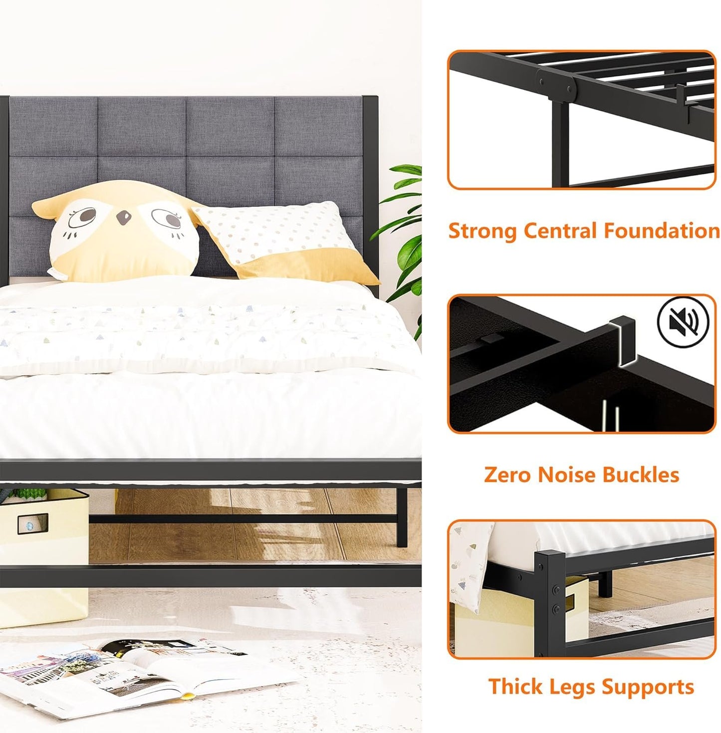 JUISSANO Twin Bed Frame with Upholstered Headboard,Single Bed Frame Twin Size Mattress Base,Metal Platform Bed Frame,Heavy Duty Metal Slats/No Box Spring Needed/Under Bed Storage,No Noise,Grey Linen