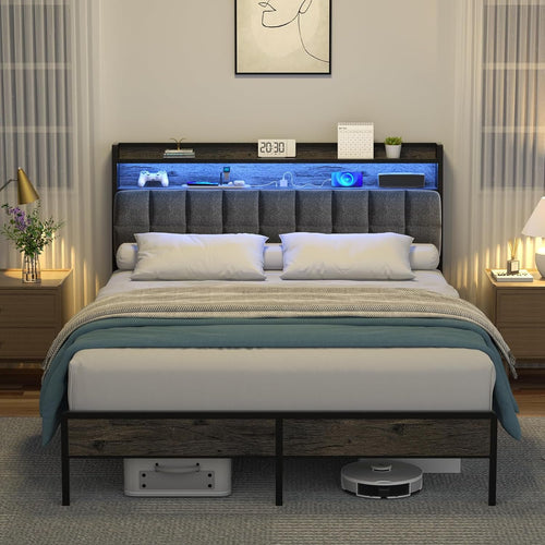 BedStory Bed Frame Full Size with Charging Station, LED Bed with Upgrade Upholstered Headboard, Ergonomic Bed Frame Headboard with Under Bed Storage, No Box Spring Needed, Noise Free Easy Assembly