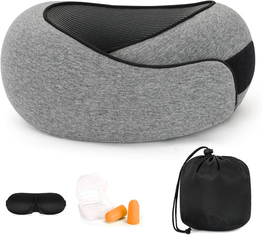 Travel Neck Pillow, Memory Foam Travel Neck Pillow for Airplanes, 360° Support Stowable Pillows for Sleeping, Airplane Travel Kit with 3D Contoured Eye Masks, Earplugs, and Storage Bag (Grey)