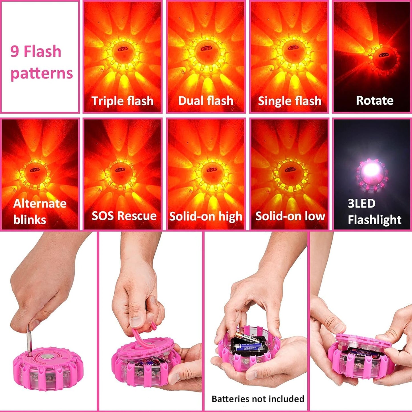 HLWDFLZ Pink Car Emergency Kit, Jumper Cable, Tow Rope, LED Road Flare, Deer Whistles & More Women's Safety Tools