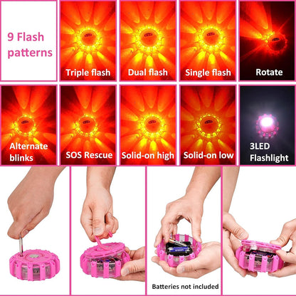HLWDFLZ Pink Car Emergency Kit, Jumper Cable, Tow Rope, LED Road Flare, Deer Whistles & More Women's Safety Tools