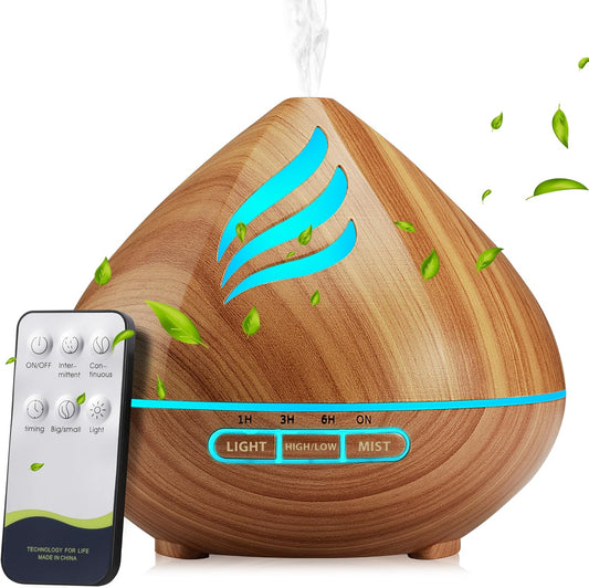 Essential Oil Diffuser, 500ML Aroma Diffuser with Remote Control Air Fragrance Aromatherapy Diffuser for Office Home Bedroom Mist Humidifier with 14 Colors LED Lights and Auto-Off Switch