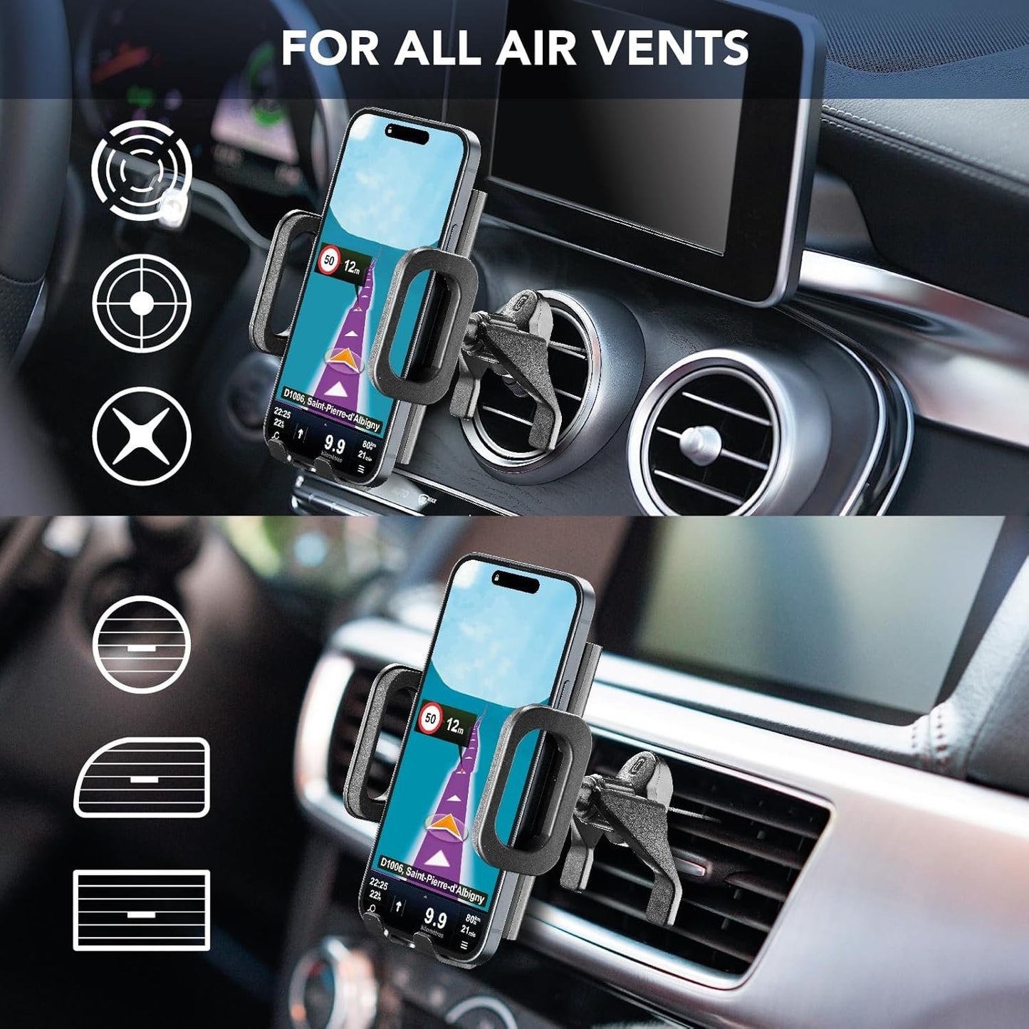 cellularline - Hug Fit - Smartphone holder for car - Attachment to the air vents - Universal Compatibility - Black