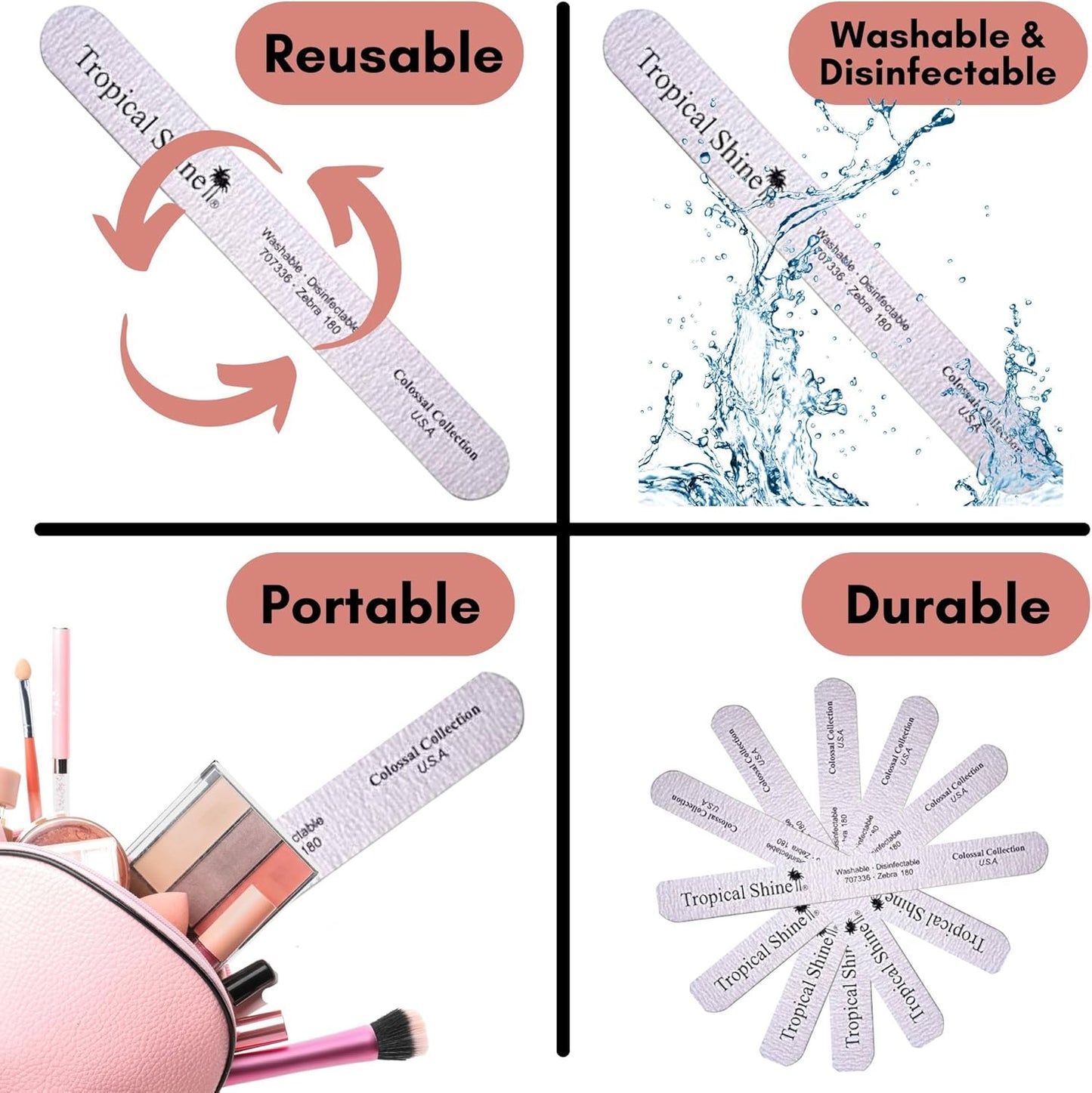 Tropical Shine Jumbo Zebra 180 Colossal Collection - 6 pcs Nail Files for Professional Nail Care and Shaping - Medium (180) Grit Nail File Set for Natural Nails (707336)