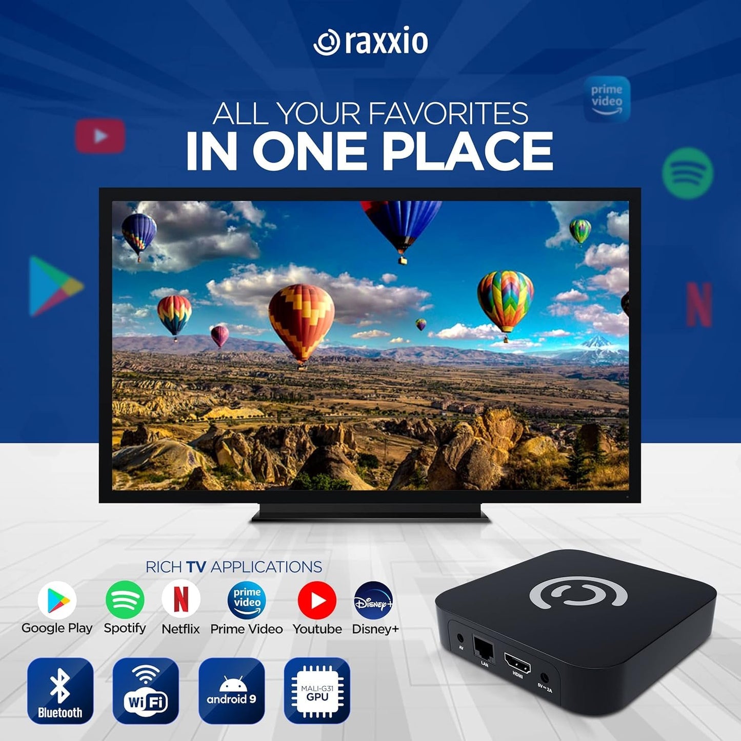 Raxxio Android TV Box 9.0 - RAX2100 Smart TV Box 4K HDR, Amlogic S905X3 Processor, 4GB RAM, 64GB ROM, WiFi 2.4G + 5G, USB 3.0, Bluetooth 4.1, Media Player with Bluetooth Remote Control