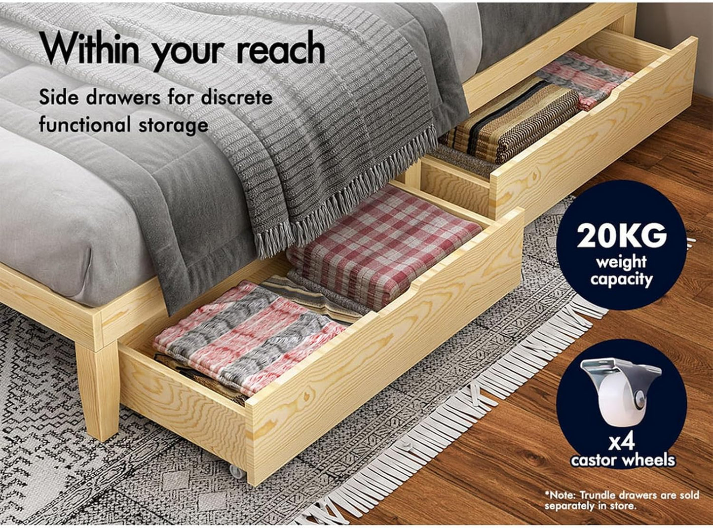 ALFORDSON Bed Frame Queen Wooden Bed Base with Solid Wood Pine Timber Slats, Mattress Base Platform Support, Oak Bed Foundation with Storage Space, Pramod Series Home Bedroom Furniture