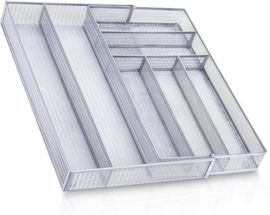 Mesh Kitchen Drawer Organizer Expandable, 7 Compartment Large Silverware Organizer/Cutlery Tray with Anti-Slip Mat, Adjustable Utensils Flatware Tray