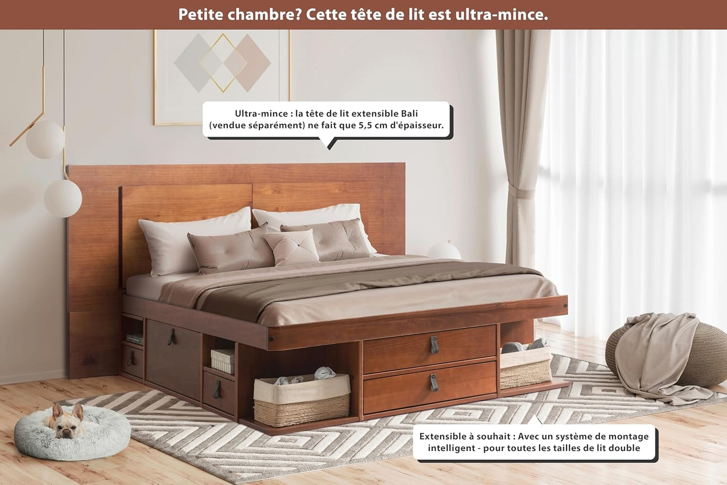 Bali Double Drawer Bed (160 x 200 cm) Caramel – Plenty of Storage Space and Drawers, Ideal for Small Rooms – Bed with Solid Wood Storage Box – Price Includes Slatted Base
