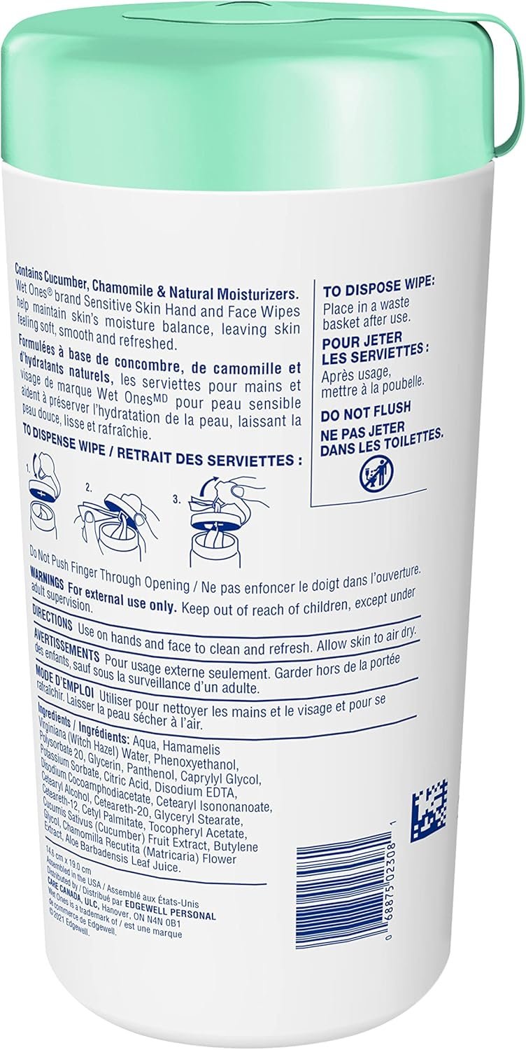 Wet Ones Sensitive Skin Hand Wipes, Unscented, Alcohol-Free Wet Wipes, 40 Count Canister