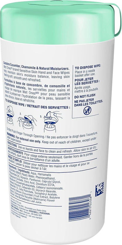 Wet Ones Sensitive Skin Hand Wipes, Unscented, Alcohol-Free Wet Wipes, 40 Count Canister